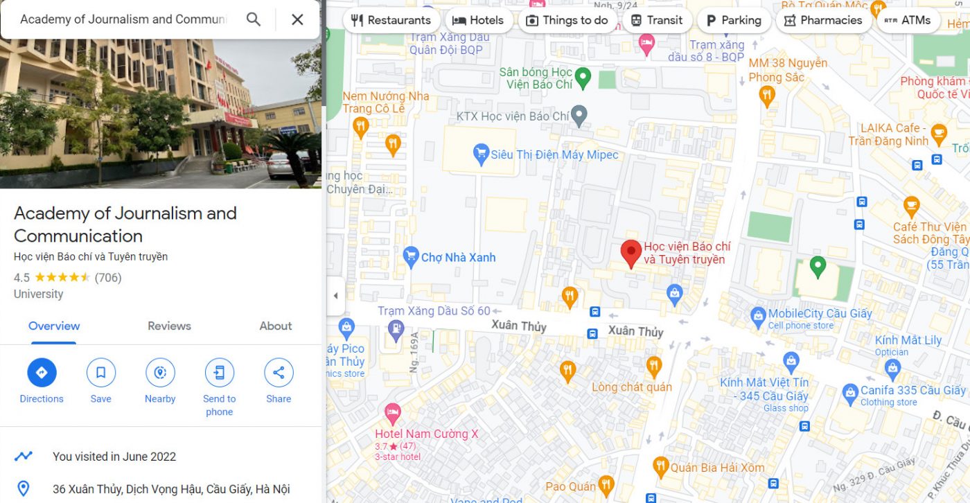 Thông tin địa chỉ Học viện Báo chí Tuyên truyền, thành phố Hà Nội