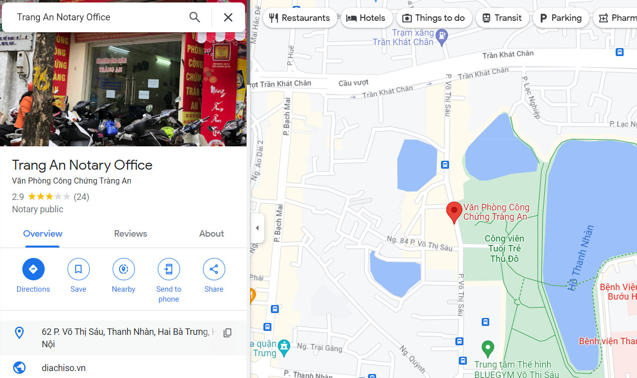 Thông tin địa chỉ Văn phòng công chứng Tràng An, thành phố Hà Nội
