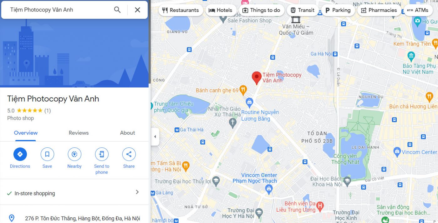 Thông tin địa chỉ Tiệm Photocopy Vân Anh, quận Đống Đa, thành phố Hà Nội